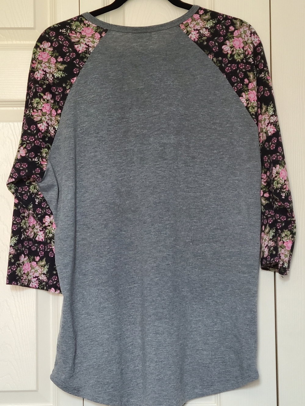 Heather Gray Raglan Tee with Pink, Sage Green, & White Floral on Black Sleeves - Picture 2 of 6